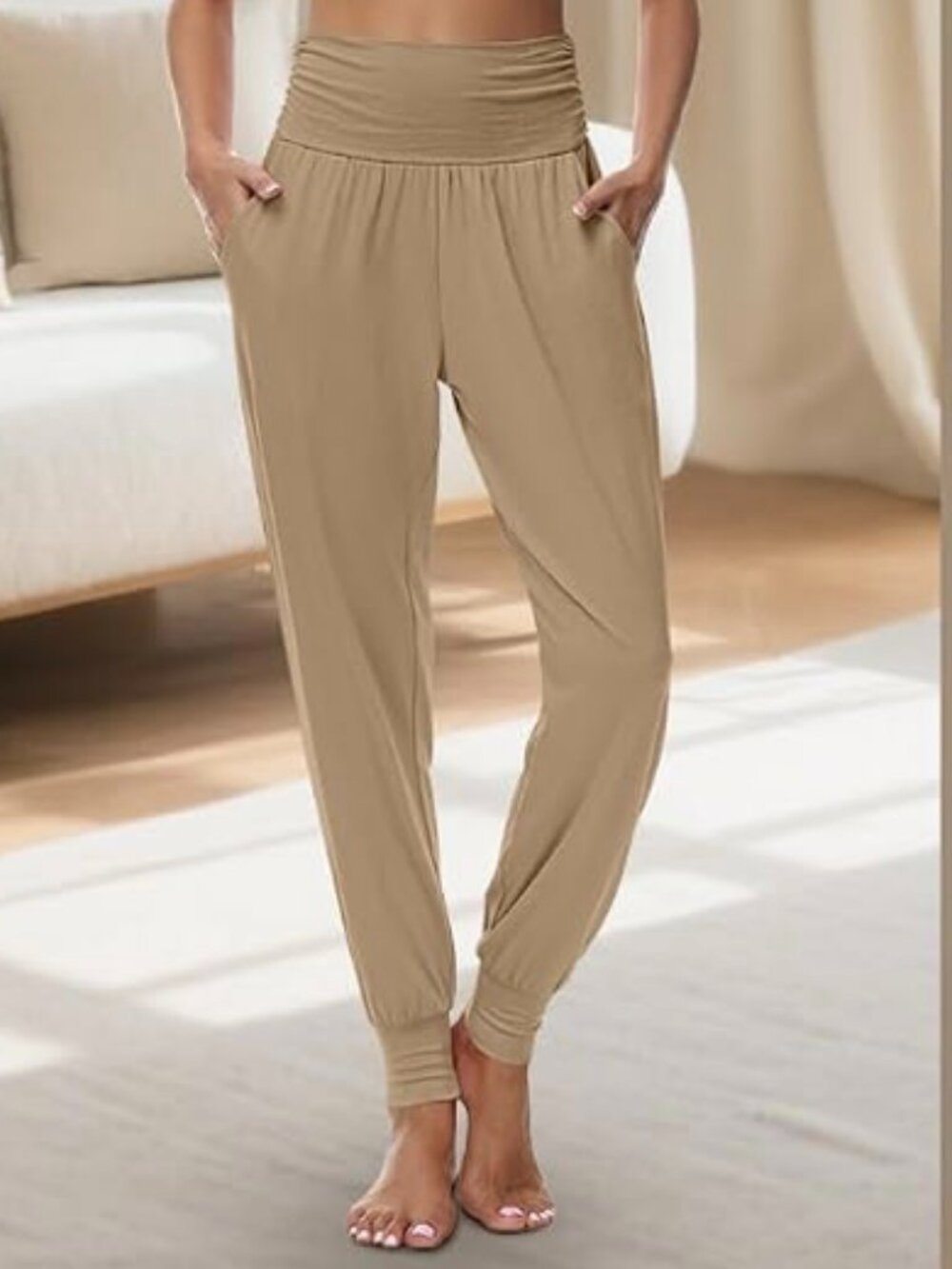 Khaki Tan Joggers Lounge Yoga Soft Comfy Pants- S